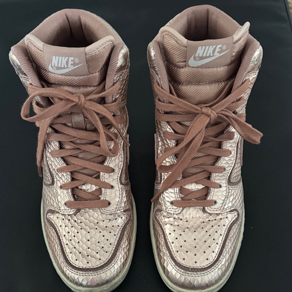 Nike Women's Metallic Rose Gold Platform Dunk Sky Hi Hidden Wedge Heel  Sneakers